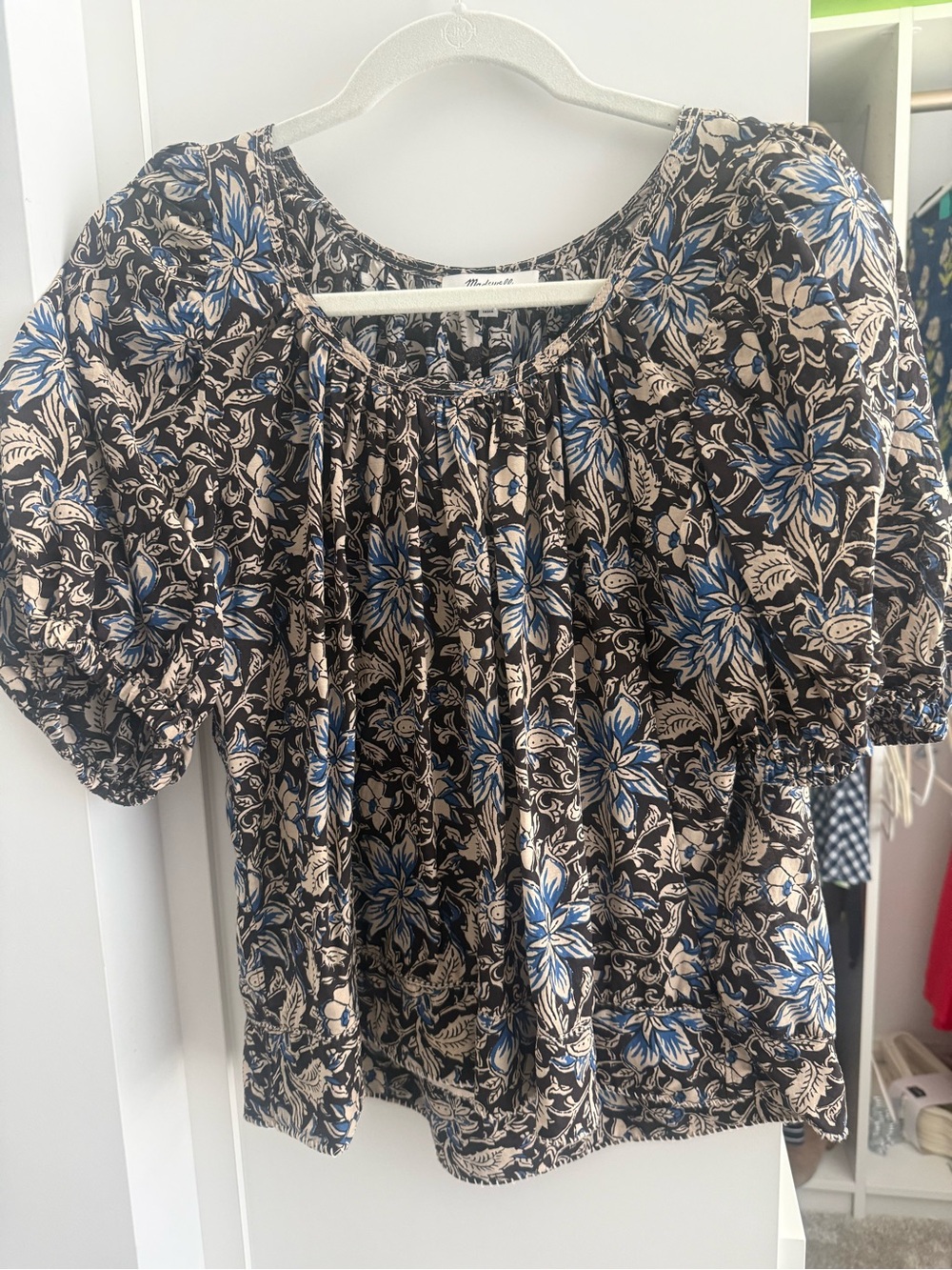 Madewell Womens Blue Floral Puff-Sleeve Blouse